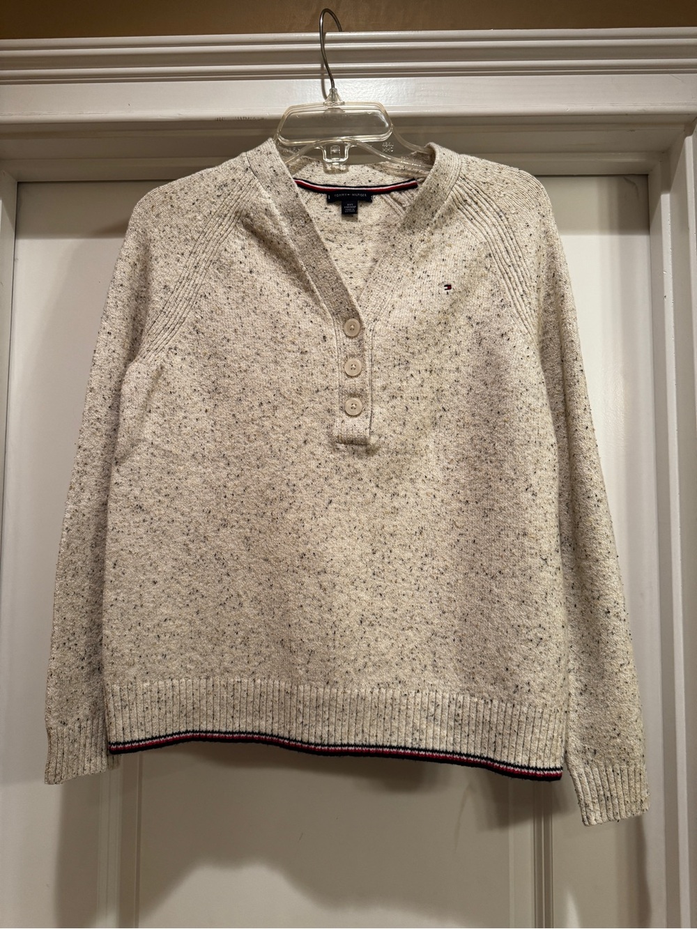 Tommy Hilfiger Cream Speckled V-Neck Henley Sweater with Flag Trim